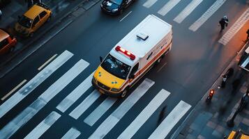 Emergency ambulance navigating a busy city crosswalk in the late afternoon, showcasing urban traffic and public safety photo