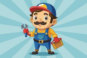 A cheerful cartoon handyman holding tools, dressed in blue overalls and a cap, ready for repairs in a light blue burst background vector