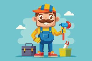 Cheerful cartoon handyman holding a hammer stands next to a toolbox and cleaning supplies in a bright blue sky background vector