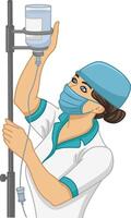 Nurse Prepares Dropper. Illustration of a Nurse in a Medical Gown, Protective Mask, Headgear and Dropper. Medicine Concept vector