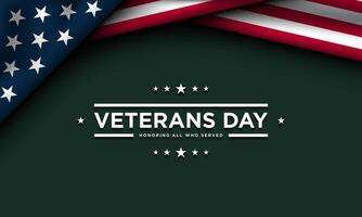 Veterans Day banner or poster design with waving American flag illustration on green background. vector