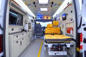 Modern ambulance interior with equipment for medical emergency photo