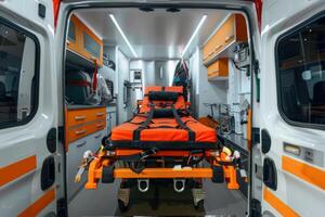 Empty stretcher waiting for patient inside ambulance vehicle with opened doors photo