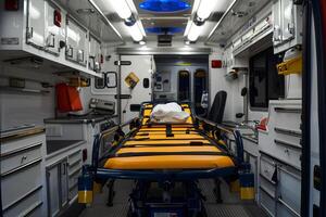 Empty stretcher waiting for patient inside ambulance vehicle with medical equipment photo