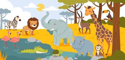 African animals. Cartoon Savannah wildlife scene. Landscape with animals, birds, reptiles. Safari lion, giraffe, elephant, zebra, crocodile in pound. illustration vector