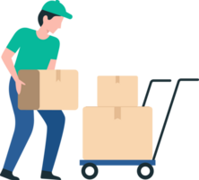 Efficient Box Handling with Trolley by Warehouse Staff. Warehouse Staff Moving Pallets. png