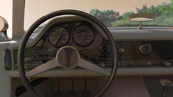 Realistic Interior of a retro beautiful car. wheel, dashboard. Design. Abstract old fashioned passenger expensive vehicle. video