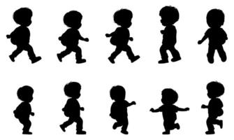 silhouettes of little kid learn to walk. baby running. toddler carrying backpack. isolated on a transparent background. eps 10 vector