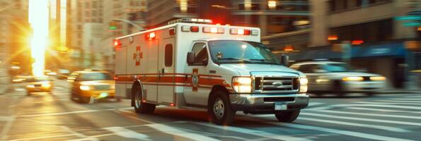 Emergency ambulance rushing through a busy city intersection at sunset during golden hour photo