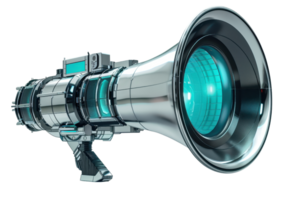 Futuristic metallic megaphone with a sleek, high-tech design and glowing blue elements. Isolated on a transparent background. png