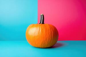 A Single Orange Pumpkin on a Blue and Pink Background photo