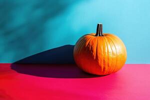 A Single Orange Pumpkin on a Blue and Pink Background photo