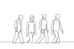 group of young men students walk in the same direction separately - one line drawing . concept quartet of friends go together vector