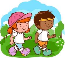 Children runners, a boy and a girl running at the park. Little athletes running on a race, training on a marathon. Fitness group of kids working out. vector