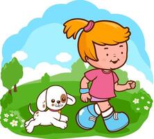 Little girl and her dog running at the park. Fitness kid and her pet working out. Child taking her dog out walking and exercising. vector