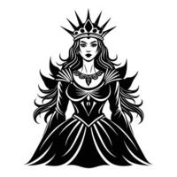 a black and white illustration of a queen with long hair vector