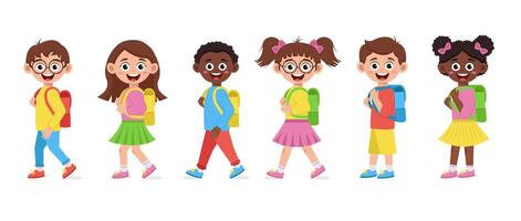 Schoolchildren boys and girls with backpacks go to school. Back to school. vector