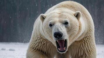 A close-up of a roaring polar bear in a snowy landscape, showcasing its powerful presence. photo