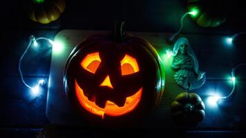 glowing carved pumpkin halloween photo