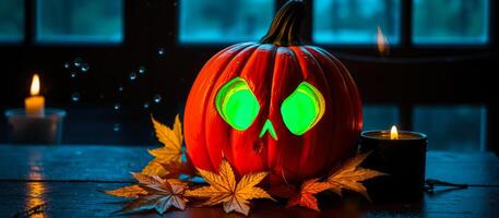 glowing pumpkin with a carved face sits on a table with a lit candle photo