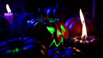 carved pumpkin with green eyes a jagged mouth illuminated with a candle sits amidst other pumpkins a purple candle photo