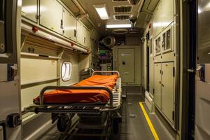 Inside of empty ambulance with stretcher and medical equipment photo