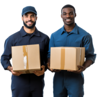 Two uniformed delivery workers with boxes png