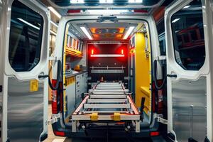 Empty stretcher inside a modern ambulance with open doors photo