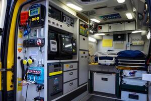 Inside of modern ambulance showing medical equipment and stretcher photo