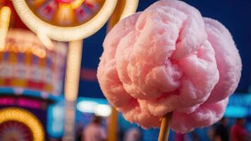 A close-up of fluffy pink cotton candy on a stick, set against a vibrant fairground backdrop. photo