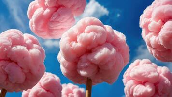 A whimsical display of pink cotton candy against a bright blue sky. photo