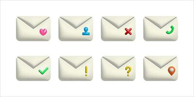 Closed 3d letter envelopes set with icons. Template of message notification. vector