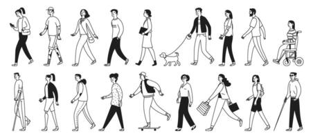 Set of people walking and doing something. Diversity and inclusion. Men, women and teenagers, disabled person. Illustration isolated in doodle style vector