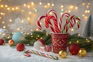 Happy Merry Christmas Background with Mistletoe Branches,Pinecones, Berries and Snowflakes photo