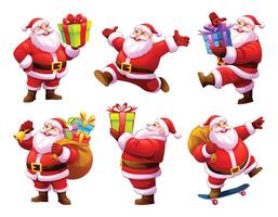 Set of cheerful Santa Claus characters in various poses with gifts and sack. Cartoon illustration vector