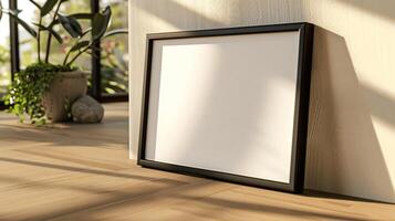 Empty Black Frame Leaning Against Wall in Bright Room Interior photo