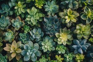 Lush arrangement of various succulent plants. photo