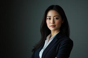 Asian business woman with arms crossed against dark background photo