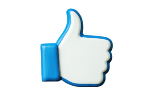 A blue and white thumbs-up symbol representing approval or positivity. png