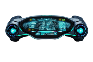 A futuristic dashboard display featuring holographic elements, vibrant lights, and high-tech interfaces that convey data and navigation information. png