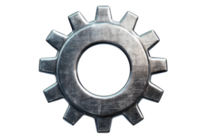 A metallic gear with an industrial design featuring distinct teeth and a central hole, embodying mechanical functionality. png