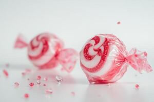 Two Wrapped Swirled Pink Candies Rest on White Surface photo