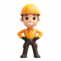 Friendly construction worker character with a hard hat and uniform, ready for action. png