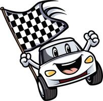 Cartoon car racing with a cheerful character waving a flag vector