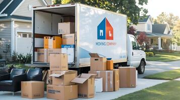 A moving truck is parked in front of a house photo