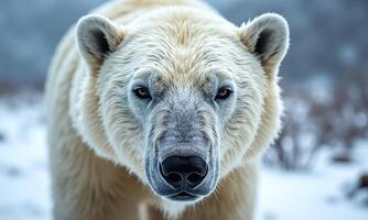 Polar bear close up piercing eyes snowy photo