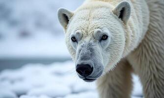 Polar bear close up piercing eyes snowy photo