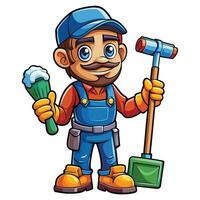 cartoon male handyman holding a hammer and cleaning brush vector