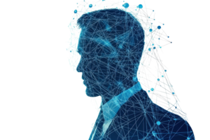 A digital representation of a man's profile composed of interconnected blue lines and dots, symbolizing technology and connectivity. png