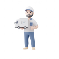 A delivery person holding a miniature truck model in a friendly pose. png